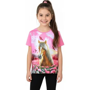 Dívčí tričko s krátkým rukávem a koněm ST3579 Velikost: 140, Barva: Malinová