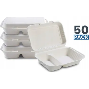 Jednorázové nádobí Nádoby z cukrové třtiny, 2-komorový Lunch Box 850ml 23x15cm 50 Ks