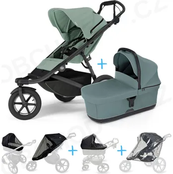 Kočárek Set 5v1 Thule Urban Glide 3 Mist green s magnetickou sponou + korbička Mid blue + pláštěnky + ochranná síť