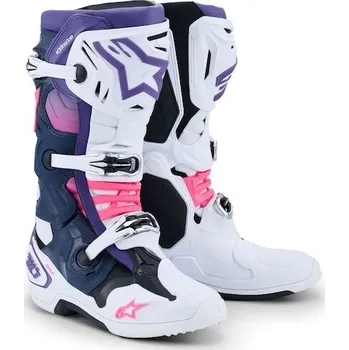Moto obuv boty TECH 10, ALPINESTARS (bílá/fialová/modrá/růžová fluo, vel. 44,5)