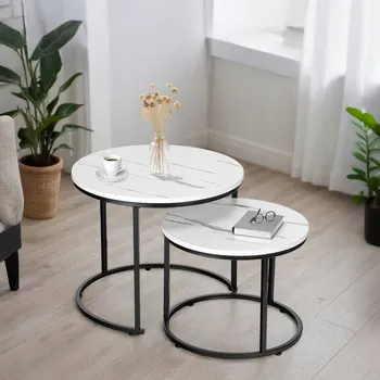 Konferenční stolek SET STOLKŮ 2V1 KONFERENČNÍ STOLEK LOFT BÍLÝ MRAMOR ČERNÝ RÁM KULATÉ MALÉ