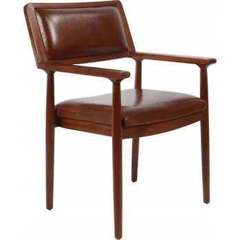 Křeslo Dřevěné Křeslo s Hnědou Kůží v Koloniálním Stylu