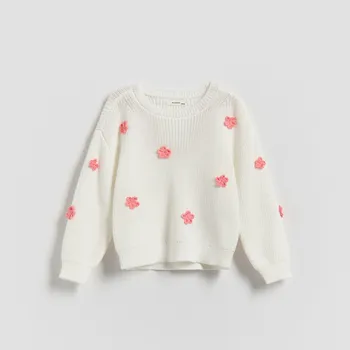 Dívčí mikina Reserved - Svetr s květinovou výšivkou - krémová - 764IE-01X - 764IE-01X-86