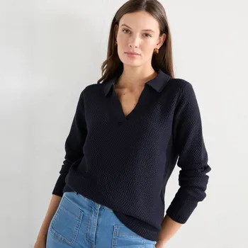 Dámský svetr Pulovr s límečkem 		a perličkovým vzorem nám.modrá 38/40