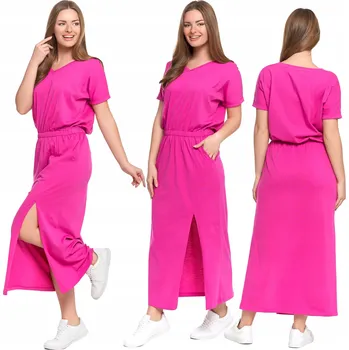 Dámské šaty ŠATY MAXI DÁMSKÉ BAVLNĚNÉ HLADKÉ S VÝSTŘIHEM DO V MORAJ HLADKÉ RŮŽOVÉ L