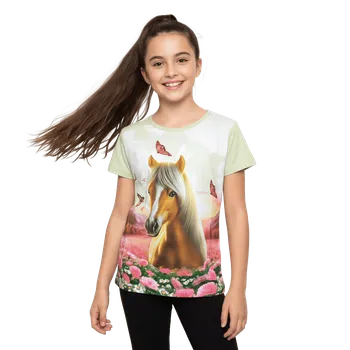 Dívčí oblečení DÍVČÍ TRIČKO S KONĚM A KRÁTKÝM RUKÁVEM NOVINKA Barva: Zelinkavá, Velikost: 146