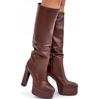 Dámské kozačky KOZAČKY NA VYSOKÉM PODPATKU TYPU SLOUPEK A PLATFORMĚ, ZASOUVACÍ, EKO KŮŽE HNĚDÉ, VELIKOST 41