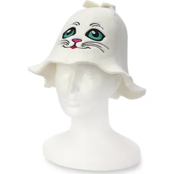 Wooline Saunová čepice pro děti Kočka zelenooká s očkem na pověšení, krémová