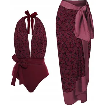 Dámské plavky JEDNODÍLNÉ PLAVKY KVĚTINY ŠIFONOVÁ SUKNĚ BORDOVÁ S