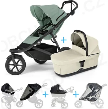 Kočárek Set 5v1 Thule Urban Glide 3 Mist green s magnetickou sponou + korbička Soft beige + pláštěnky + ochranná síť