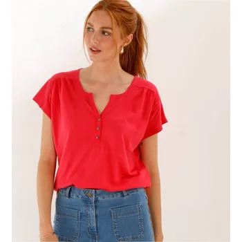 Jednobarevné tričko s výstřihem na knoflíčky růžová 50