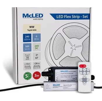 ukončovací lišta McLED LED pásek - sada 3 m + Přijímač Nano IP67, 240 LED/m, WW, 6 W/m, DC 24V, 500 lm/m, CRI90, IP67, 10 mm, vodič 3 m ML-126.034.90.S03002
