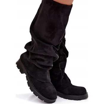 Dámské kozačky Dámské kozačky z eko semiše zateplené nazouvací nařasené černé 38