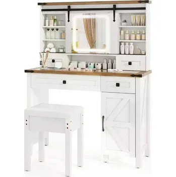 Toaletní stolek Costway Toaletní kosmetický stolek s LED osvětlením a taburetem, bílý HU10924DE-WH