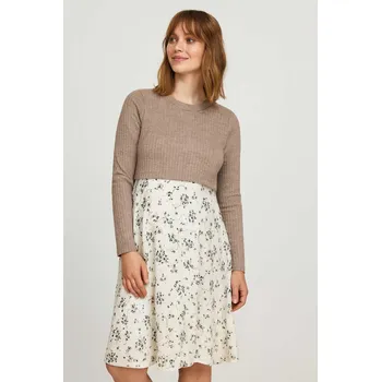 Těhotenské šaty Těhotenské a kojicí šaty Annelies 3v1 – hnědá taupe/bílá s kvítky, dlouhý rukáv Velikost: XL