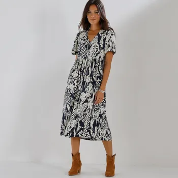 Dámské šaty Midi šaty na knolfíky, s krátkými rukávy a etno potiskem indigo/režná 50