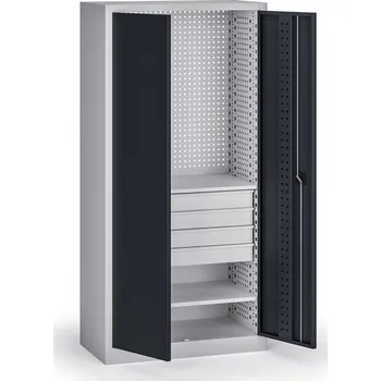 Policová dílenská skříň 2-dveřová, 2 police + 4 zásuvky, 1950 × 950 × 500 mm, grafitové dveře