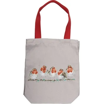 Wrendale Designs Wrendale pevná plátěná textilní nákupní taška s pevnými uchy Birds Jolly Robin s červenkami 42x40cm béžová