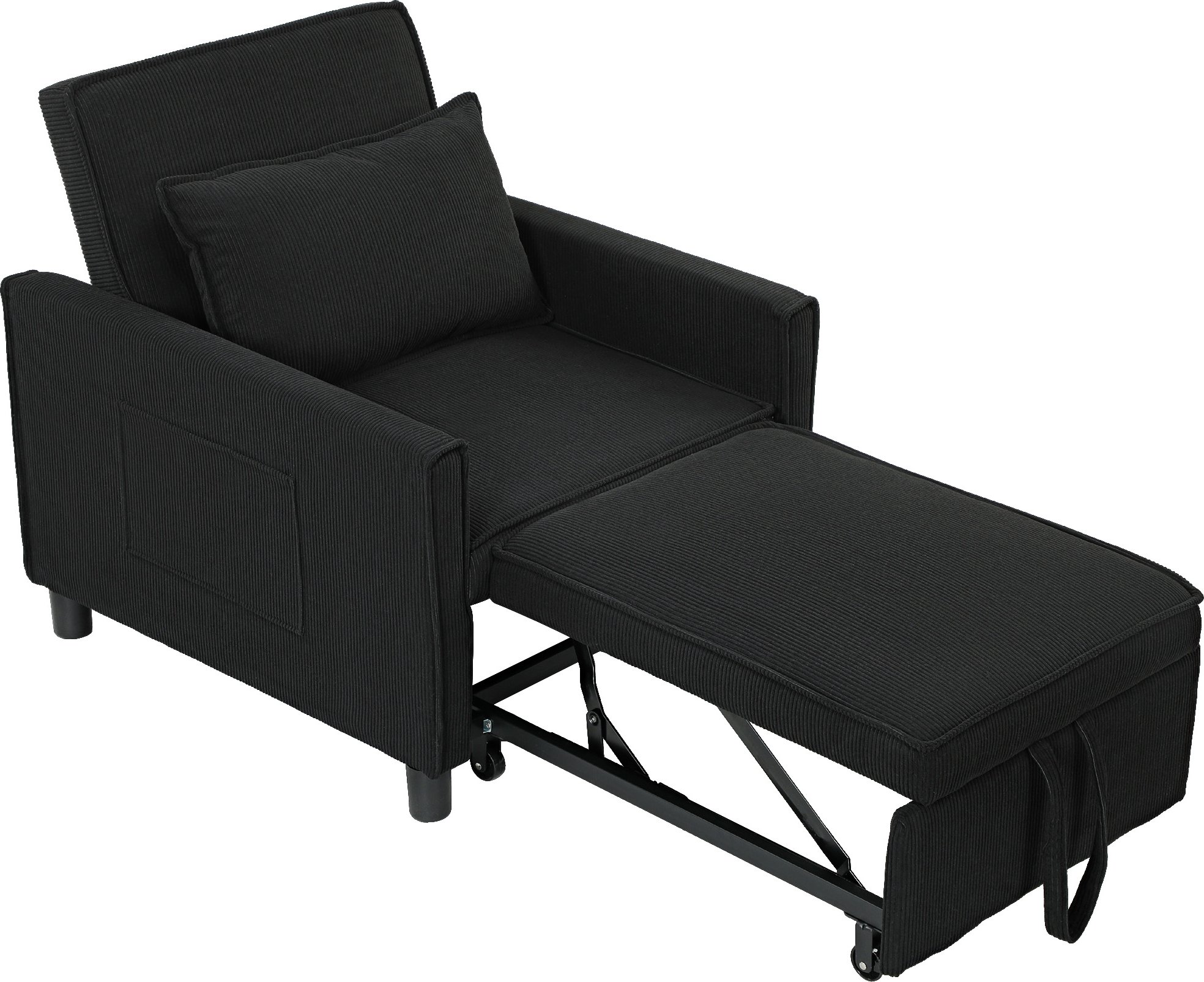 HOMCOM křeslo na spaní 3 v 1, skládací postel s funkcí lůžka, bederní polštář, skládací polohovatelné křeslo s nastavitelným opěradlem, kolečka, boční kapsa, do obývacího pokoje, manšestr, černá barva