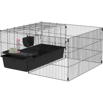 Bouda PawHut pro malá zvířata s výběhem, 112,5L x 99W x 54H cm, s lahví na vodu, krmítkem, miskou na krmení, pro malá zvířata, ocel, černá | Aosom