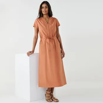 Dámské šaty Midi keprové šaty s výstřihem na zip a šňůrkou v pase terakota 38