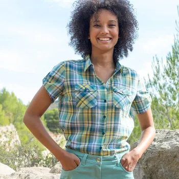 Dámská košile Kostkovaná košile s krátkými rukávy bledě modrá/žlutá 40