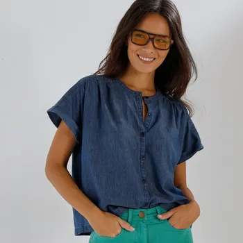 Dámská halenka Džínová halenka na knolfíčky, s krátkými rukávy modrá 40