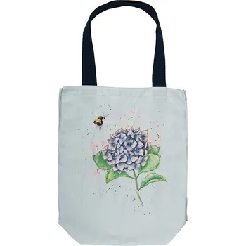 Nákupní taška Wrendale Designs Wrendale pevná plátěná textilní nákupní taška s pevnými uchy Hydrangea Bee s Hortenzií a čmelákem 42x40cm světle modrá