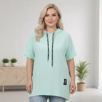 Dámská tunika Italská móda - Dámská světle zelená tunika s kapucí pro plnoštíhlé univerzální velikost XL - XXXL O1585