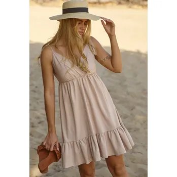 Dámské šaty Krátké letní šaty na ramínka M818 Barva: Béžová, Velikost: M