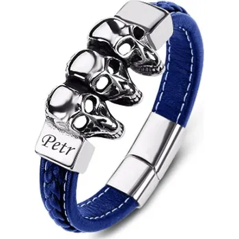 Náramek Pánský kožený náramek Lebky modrý