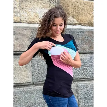 Mama L'amour Těhotenské a kojící tričko 3v1 Grigio černé mint rose Velikost: M