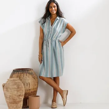 Dámská móda Pruhované krátké šaty s knoflíky modrošedá 48