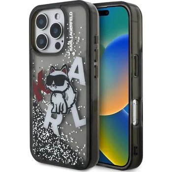 Pouzdro na mobilní telefon Karl Lagerfeld Liquid Glitter Scattered Choupette Zadní Kryt-Černá / iPhone 16 Pro