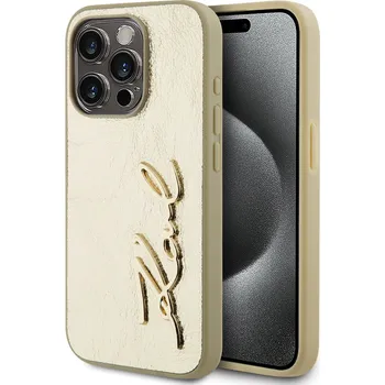 Pouzdro na mobilní telefon Karl Lagerfeld Wrinkled PU Signature Logo Zadní Kryt-Zlatá / iPhone 15 Pro Max
