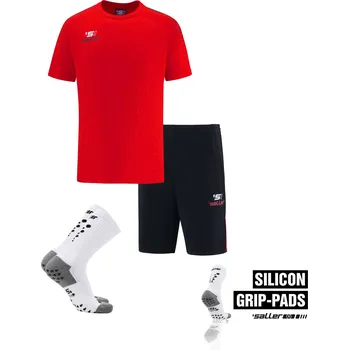 Saller S1 sportovní set + PERFORMANCE grip ponožky BARVA: 170 červená-černá, Velikost: L Tréninkový a klubový set – triko, šortky a ponožky s gripy