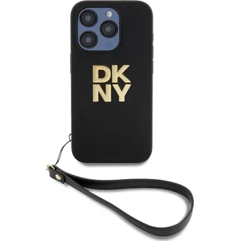 Pouzdro na mobilní telefon DKNY PU Leather Stack Logo Wrist Strap Zadní Kryt-Černá / iPhone 14 Pro