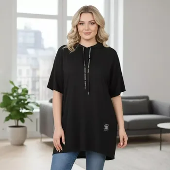 Dámská tunika Italská móda - Dámská černá tunika s kapucí pro plnoštíhlé univerzální velikost XL - XXXL O1580