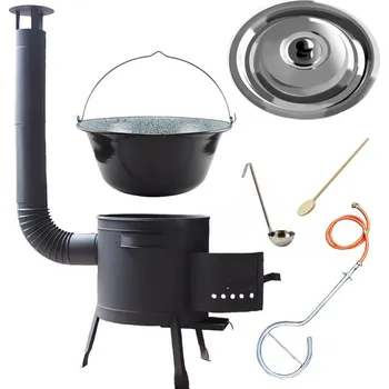 Outdoor vaření Smaltovaný kotlík (1,2 mm) 30 L + Plynový hořák k PB bombě 24,5 cm + nízká kotlina 45 PLUS 600 + nerezová poklice INOX + vařečka