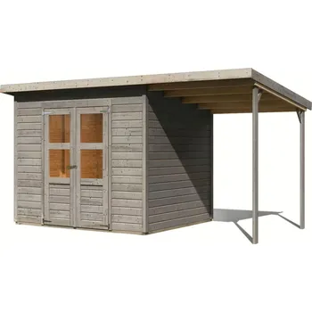 Zahradní domek dřevěný domek KARIBU MERSEBURG 5 + přístavek 166 cm (9603) světle šedý