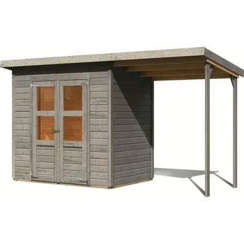 Zahradní domek dřevěný domek KARIBU MERSEBURG 3 + přístavek 166 cm (9559) světle šedý