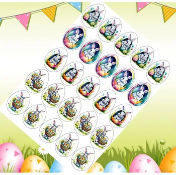 Jedlá dekorace na dort Zajíc – kreslený velikonoční motiv – velikonoční vajíčka 5 cm (25 ks) Fondánový list (NEVYŘEZÁNO)