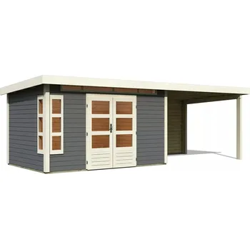 Zahradní domek dřevěný domek KARIBU KASTORF 7 + přístavek 320 cm včetně zadní stěny (31559) terragrau