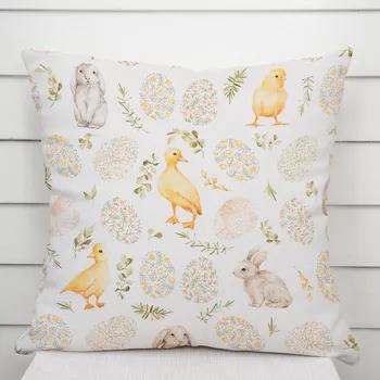 Povlak na polštářek Dekorační povlak na polštář Leona LN-177 Velikonoční zvířátka a kraslice na bílém 50 x 50 cm