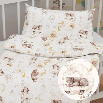 Povlečení Dětské bavlněné povlečení do postýlky Sandra SA-456 Medvídci zajíčci a veverky v oblacích na bílém Do postýlky 90x140 a 40x60 cm