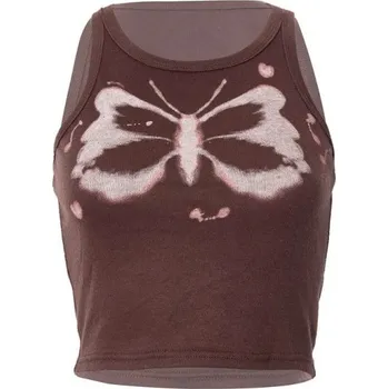 Dámské tílko Crop Top hnědé s potiskem motýla Výstřih do O Široká ramínka Stylové tílko polyester spandex M