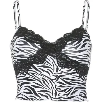 Dámské krajkové tílko Crop Top černobílé se lemováním Výstřih do V Tenká ramínka Stylové tílko polyester spandex M