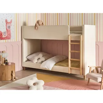 Postel Jednolůžková patrová postel světle béžová čalouněná samet žebřík z topolového dřeva výška 90cm dětská ložnice Beliani