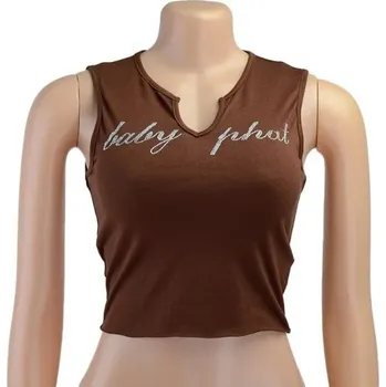 Dámské tílko Crop Top hnědé s potiskem Baby Phat Výstřih do V Široká ramínka Stylové tílko polyester spandex S