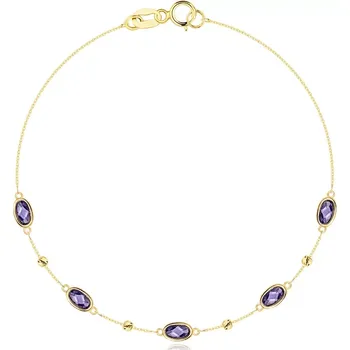 Náramek Náramek ze žlutého zlata 585 - fialové oválné ametysty, kuličky se zářezy